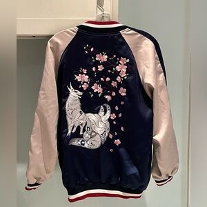 Embroidered Reversible Wolf and Cherry Blossom Anime Sukajan Style Jacket